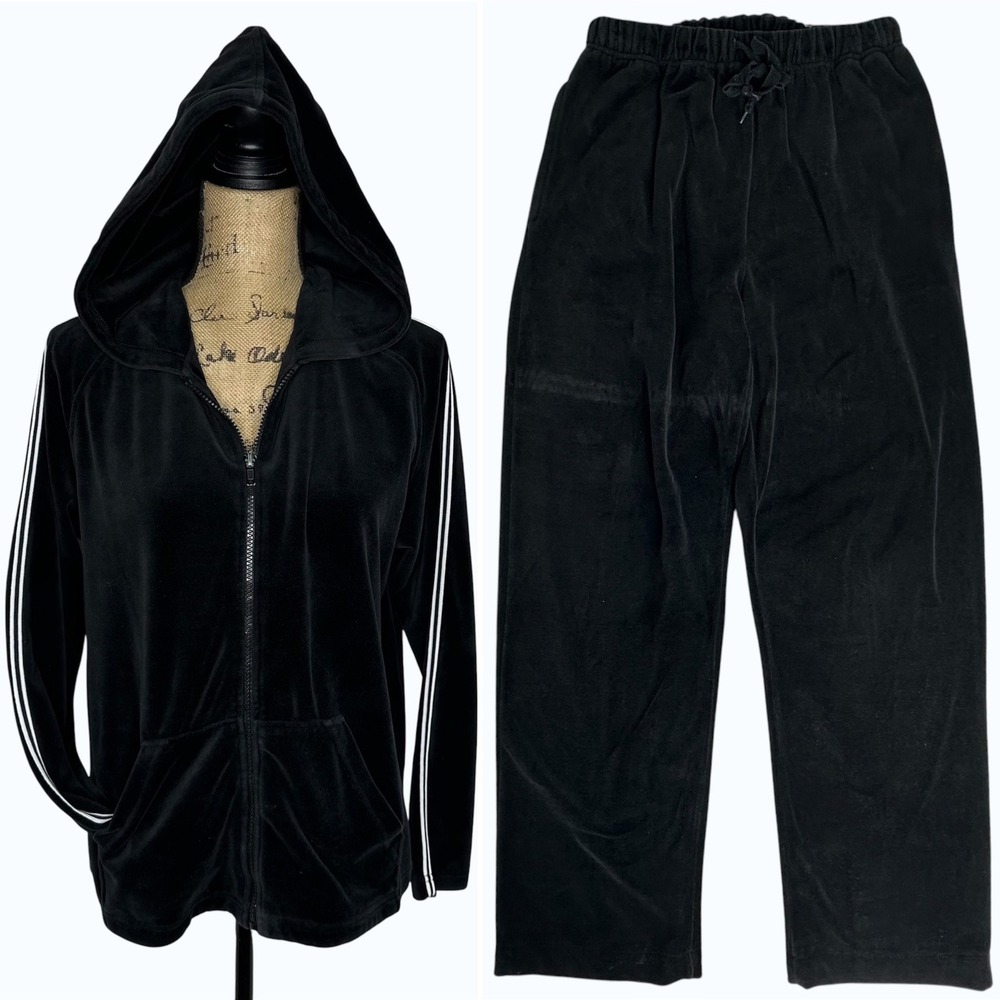 Vtg Lavon Velour Tracksuit Black Zip Hoodie Side Stripe Pants 90s Lounge Sz M
